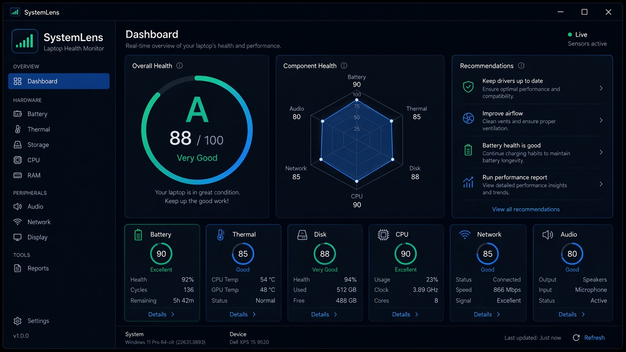 SystemLens PC health check dashboard